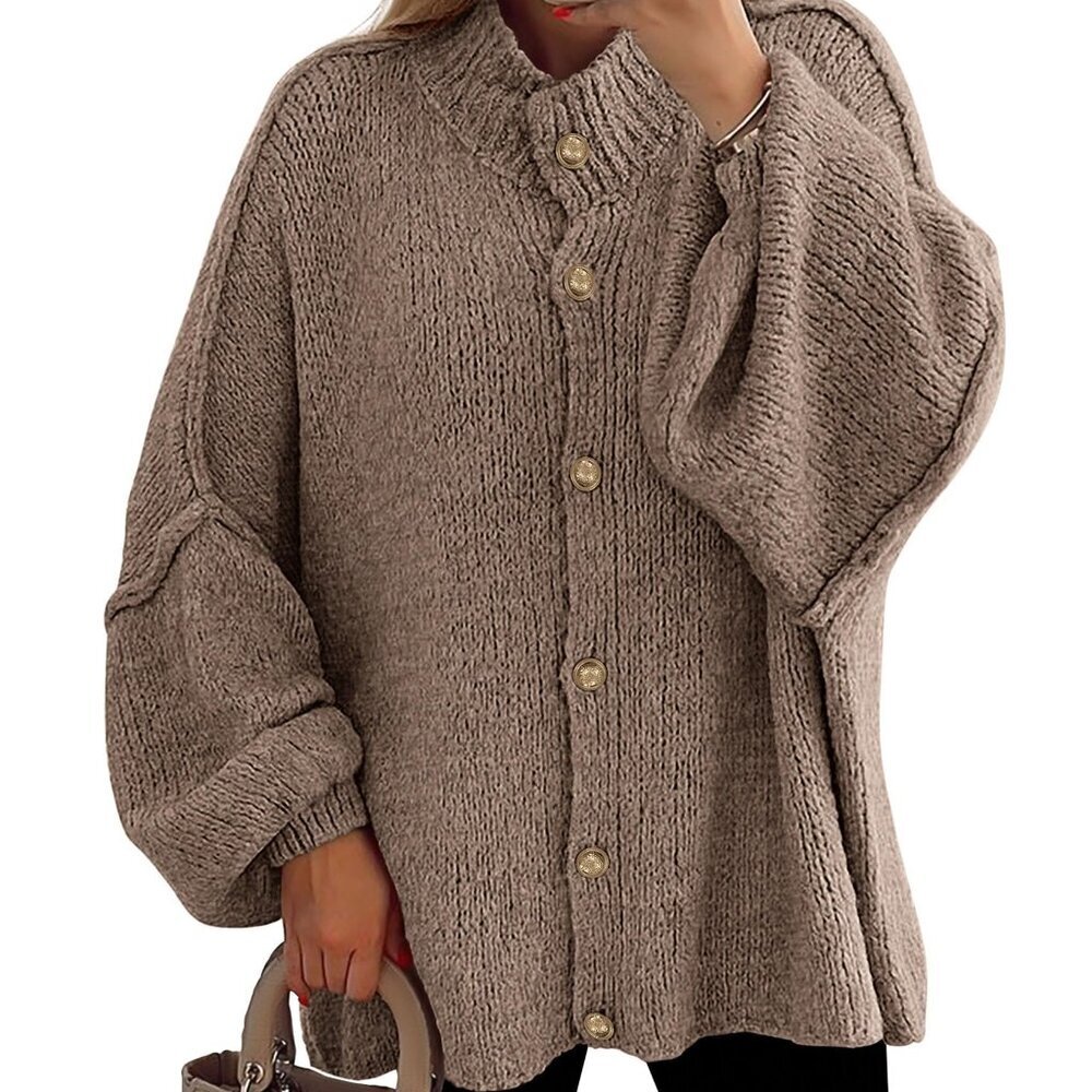 Chunky Knit Cardigan Mock Neck Lantern Sleeve Oversized Winter Sweater
